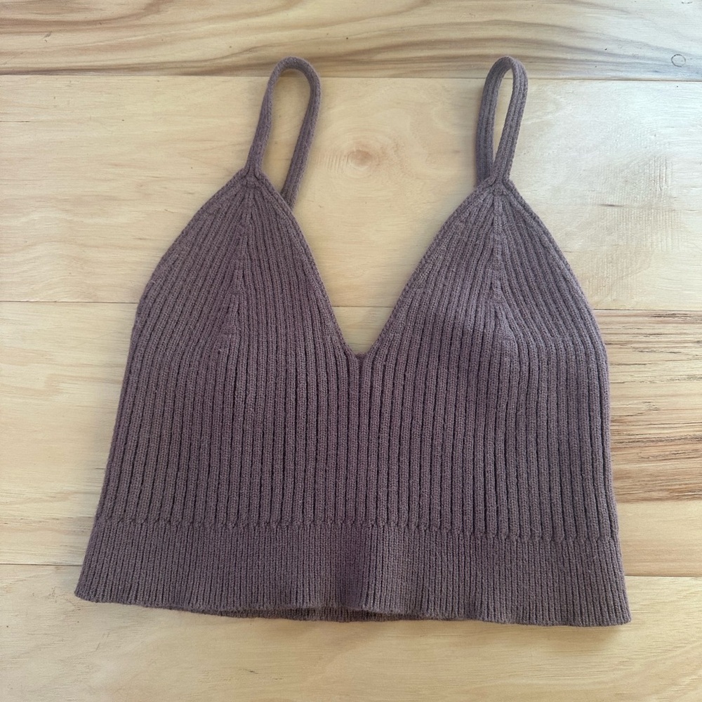Brown Ribbed Knit Crop Top